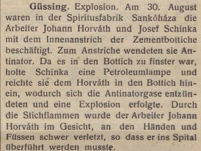 Gssing, Explosion in der Spiritusfabrik Sankhza