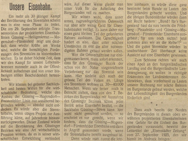 Gssinger Zeitung, Unsere Eisenbahn vom 4.10.1925