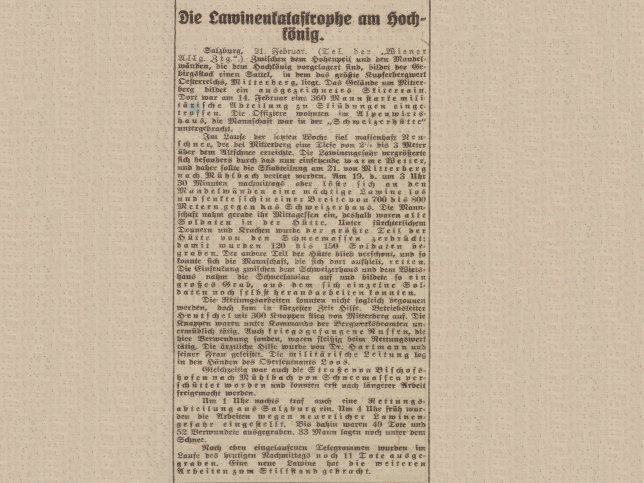 Lawinenkatastrophe am Hochknig am 19. Feber 1916