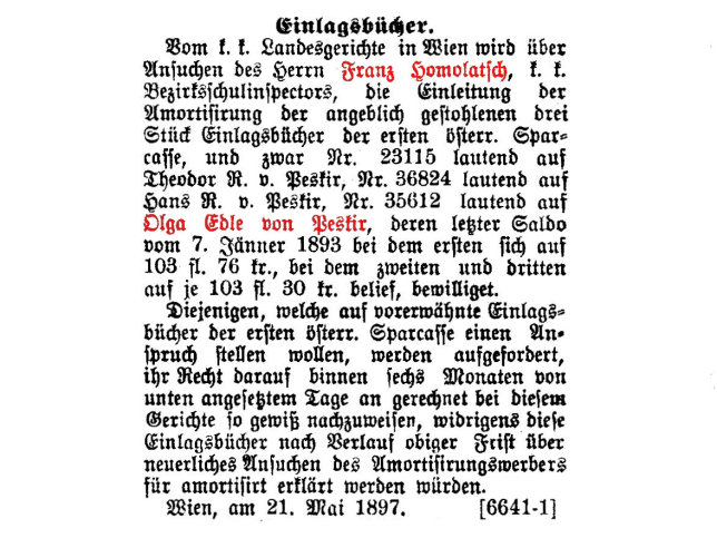 Olga Homolatsch, geb. Edle von Peskir